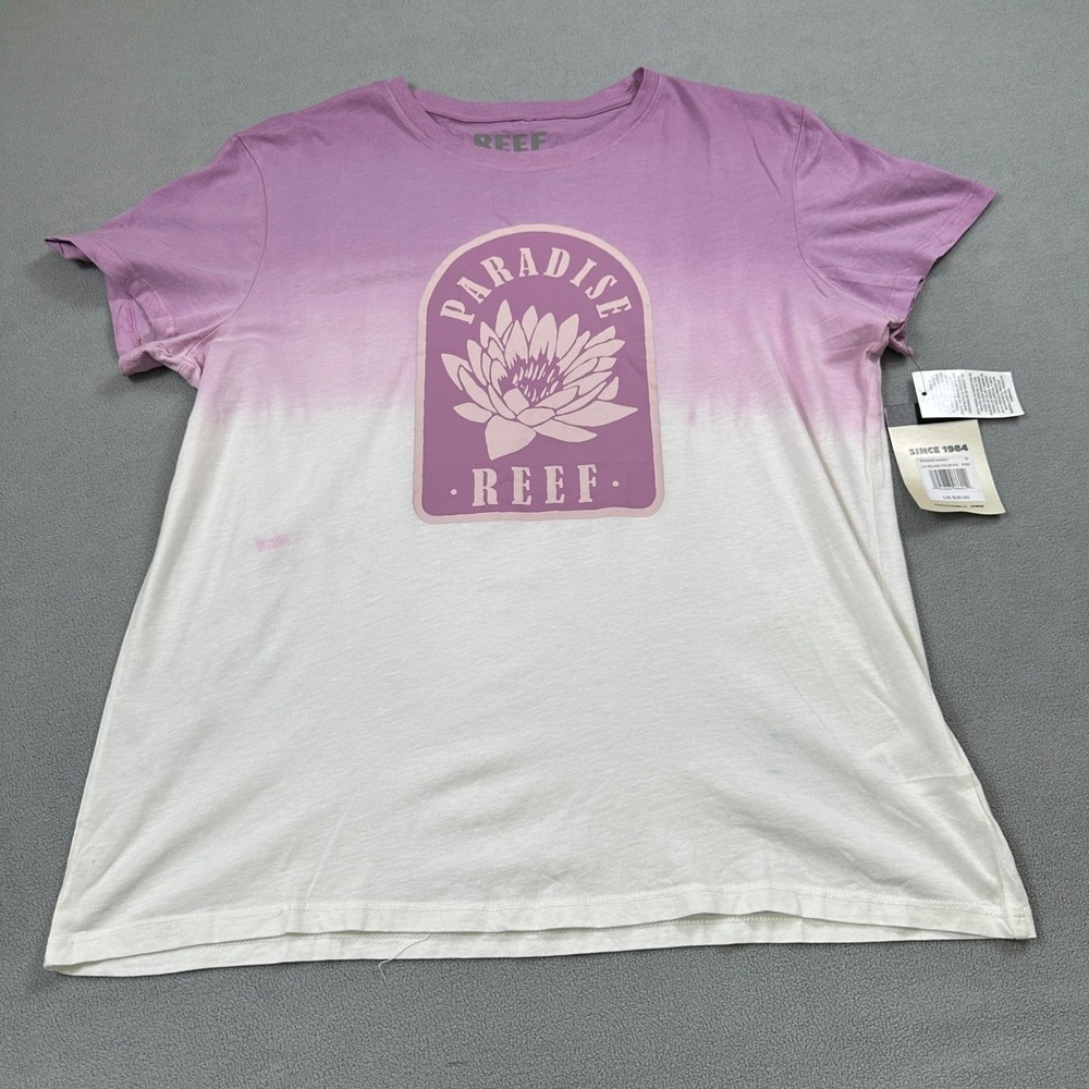 Reef Shirt Womens M Purple White Ombre Paradise Lily Flower Relaxed Dip Dye Tee